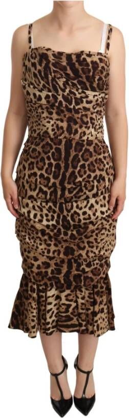 Dolce & Gabbana Brown Stretch Leopard Print Midi Dress , Bruin, Dames