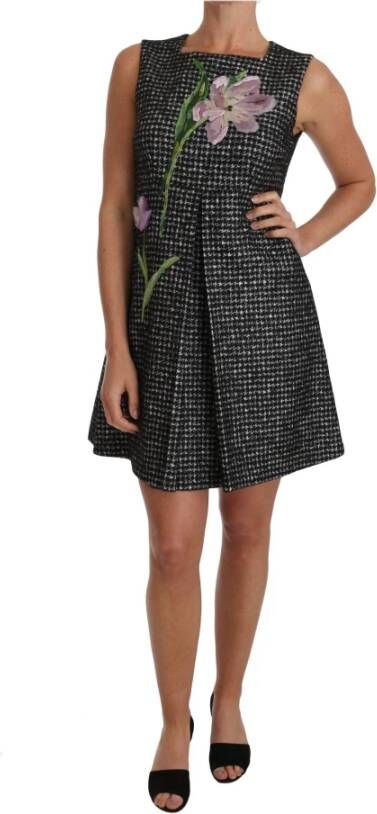 Dolce & Gabbana Houndstooth Floral Appliqué Shift Mini Dress , Grijs, Dames