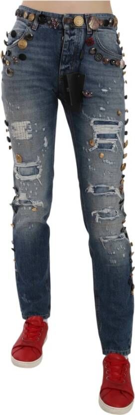Dolce & Gabbana Verkende verfraaide knoppen denim broek jeans , Blauw, Dames