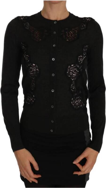 Dolce & Gabbana Gray Cashmere Lace Button Up Cardigan Sweater , Zwart, Dames
