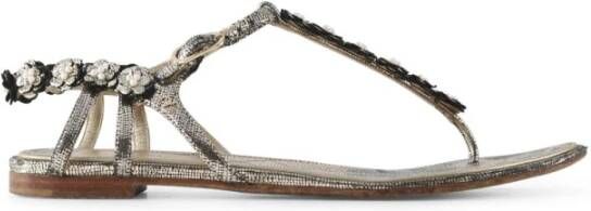 Chanel Vintage Chanel Gold Leather Thong Sandals With Flowers , Beige, Dames