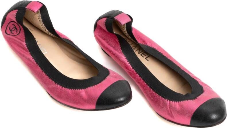 Chanel Vintage Pre owned Ballerinas in Metallic Pink and Black Leather , Roze, Dames
