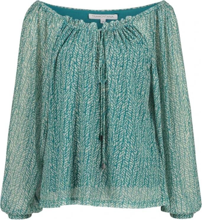 Tramontana semi transparante top met all over print en mesh turquoise