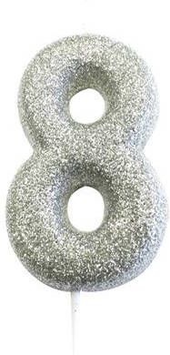 Merkloos Witbaard Nummerkaars '8' 7 Cm Wax Glitter Zilver