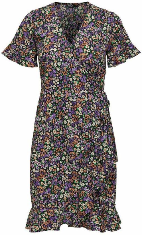 ONLY gebloemde wikkeljurk ONLOLIVIA zwart/paars/groen/oranje