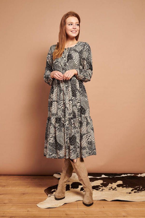Smashed Lemon A lijn jurk met all over print en volant ecru/antraciet