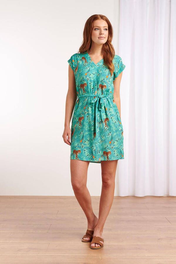 Smashed Lemon A lijn jurk Marta met dierenprint en ceintuur turquoise