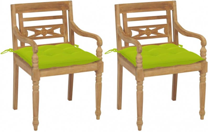 VIDAXL Stoelen Batavia 2 st met heldergroene kussens massief teakhout