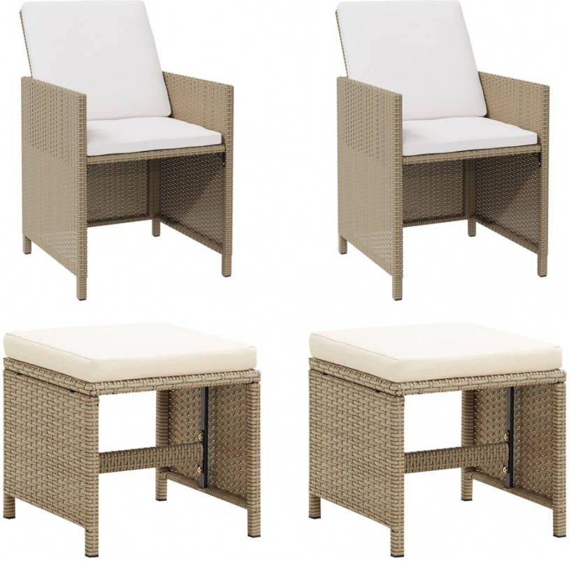 VIDAXL Tuinstoelen 2 st met voetenbanken poly rattan beige
