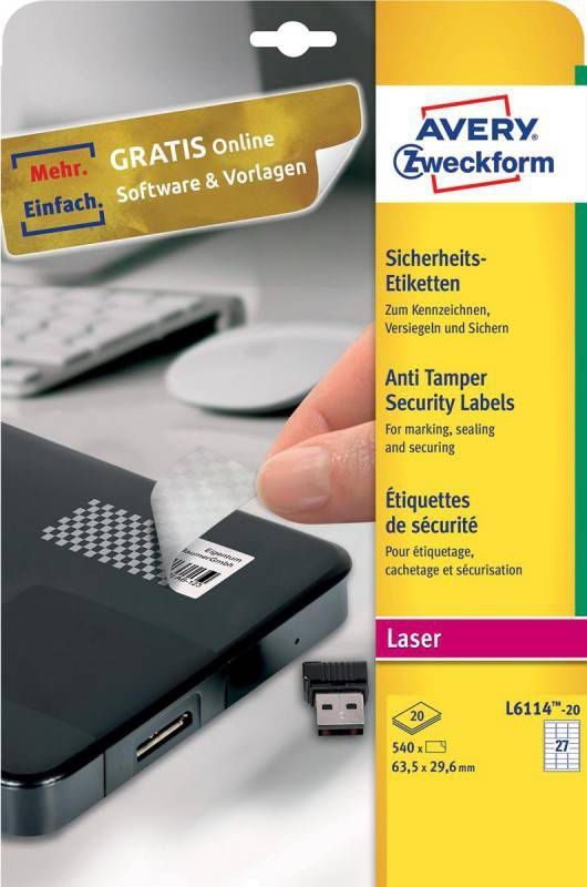 Avery Zweckform Avery bestendige veiligheidsetiketten, ft 63, 5 x 29, 6 mm, 540 stuks, 27 per vel, doos van 20 vel