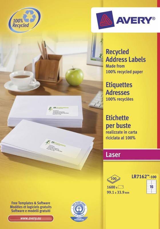 Avery gerecycleerde witte laseretiketten QuickPeel ft 99, 1 x 33, 9 mm(b x h ), 1.600 stuks, 16 per blad