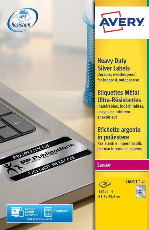 Avery Zweckform Avery L6011 20 ultra sterke etiketten ft 63, 5 x 29, 6 mm(b x h ), 540 etiketten, zilver