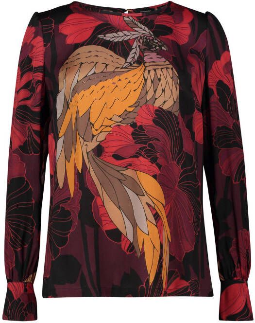 Claudia Sträter geweven top met all over print en plooien donkerpaars/rood/geel