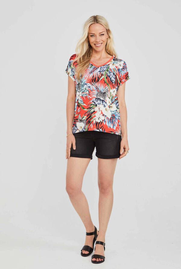 Didi gebloemd T shirt Colour Me In met contrastbies rood/blauw/ecru