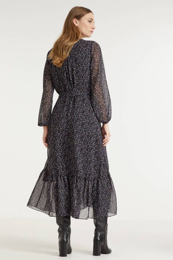 Esqualo gebloemde semi transparante wikkeljurk Dress overlap purple flower zwart/paars