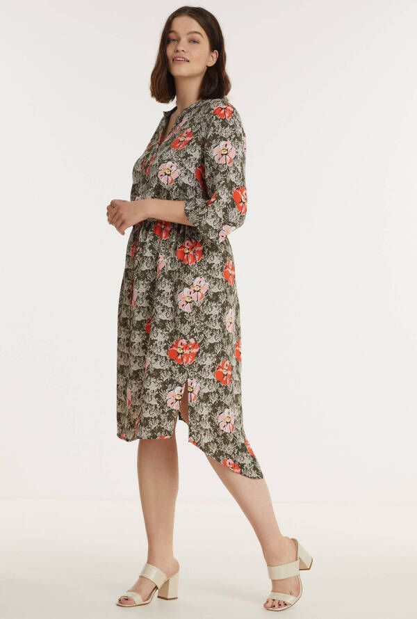 No.1 by OX gebloemde jurk olijfgroen/rood/lichtroze