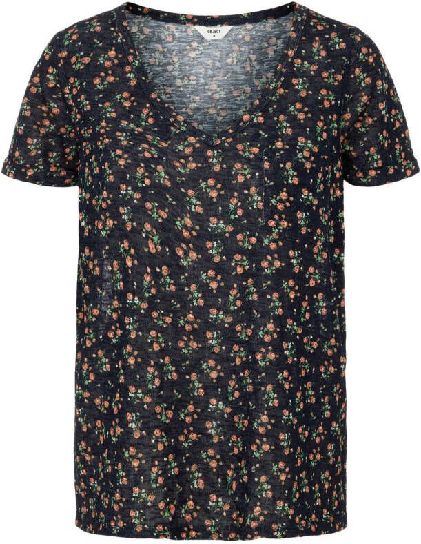 OBJECT gebloemd T shirt OBJTESSI zwart/oranje