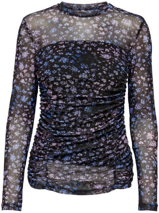ONLY gebloemde semi transparante top ONLRUBY zwart/blauw/paars
