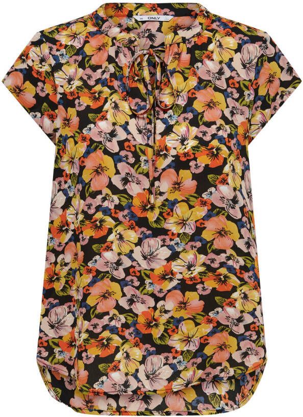 ONLY gebloemde top ONLALMA van gerecycled polyester zwart/oranje/geel/groen/roze/blauw
