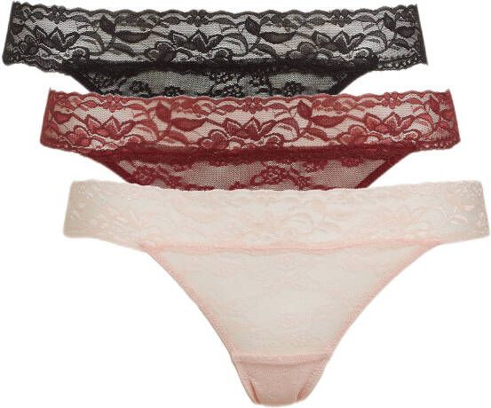 ONLY kanten string ONLSARA (set van 3) roze/donkerrood/zwart