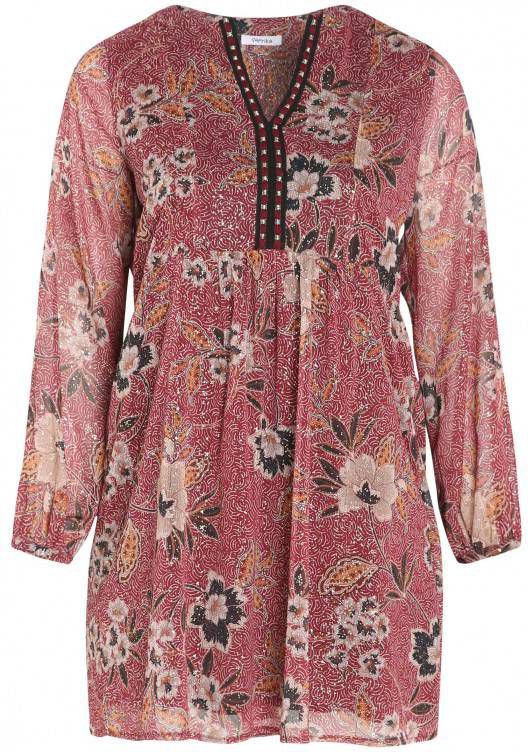 Paprika gebloemde semi transparante jurk rood/beige