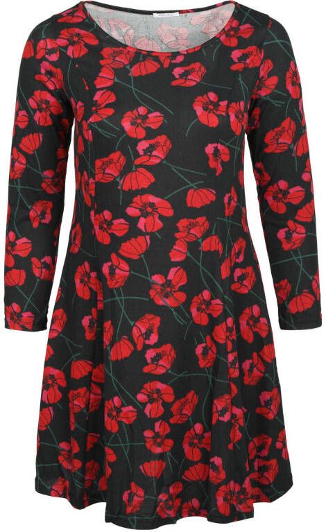 Paprika gebloemde A lijn jurk zwart/rood/groen