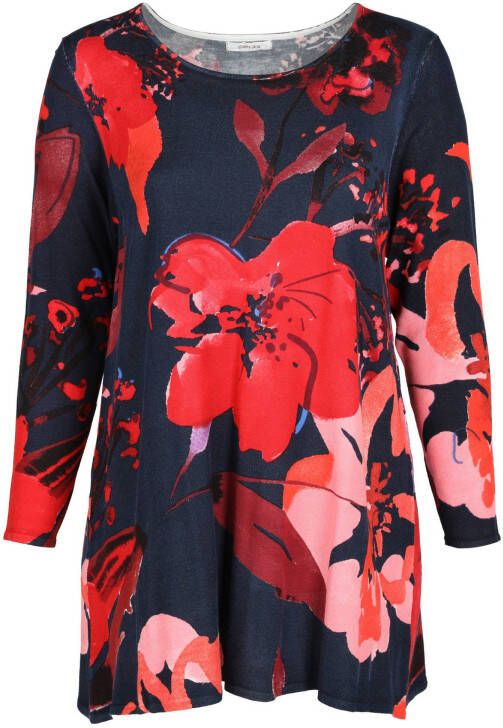 Paprika gebloemde fijngebreide top donkerblauw/rood/lichtroze