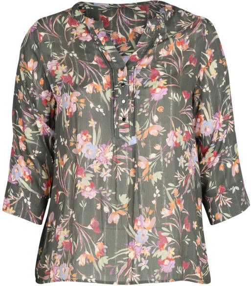 Paprika gebloemde geweven top kaki/lila/groen