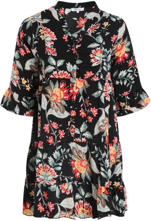 Paprika gebloemde jurk zwart/rood/grijsblauw