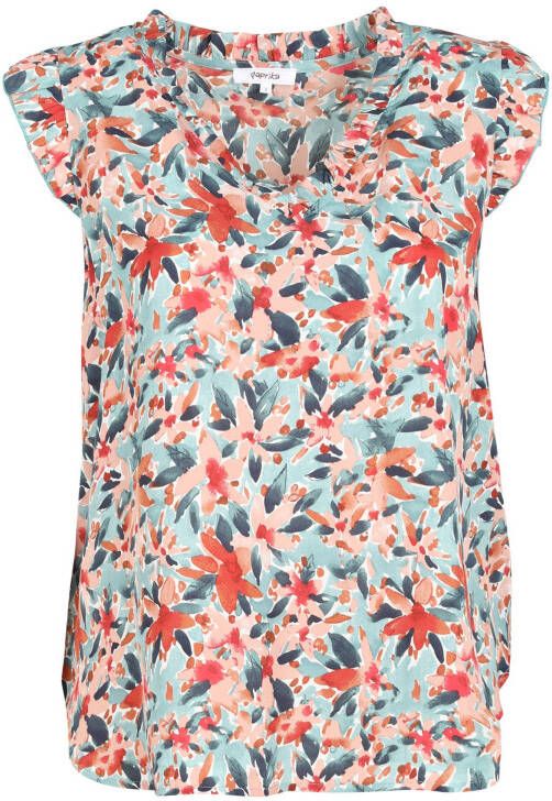 Paprika gebloemde top lichtblauw/rood/lichtroze