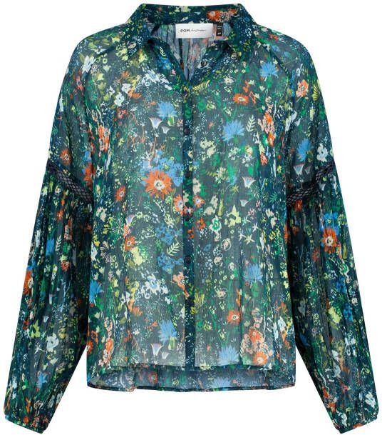 POM Amsterdam gebloemde semi transparante blouse Flower Sky indigo