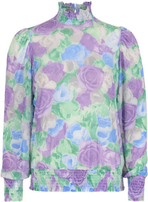 Shoeby Eksept gebloemde mesh top Karly Mesh blauw/paars/groen/grijs