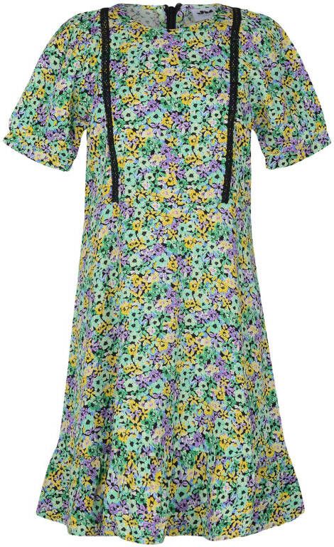 Shoeby Jill & Mitch jurk Paradise met contrastbies en plooien mintgroen/paars/geel