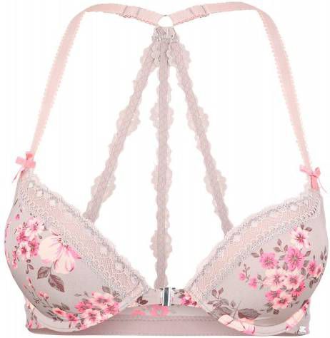 s.Oliver gebloemde push up bh met voorsluiting grijs/roze