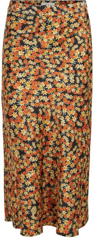 VILA gebloemde midi rok VIMOCALA zwart/oranje/geel/groen