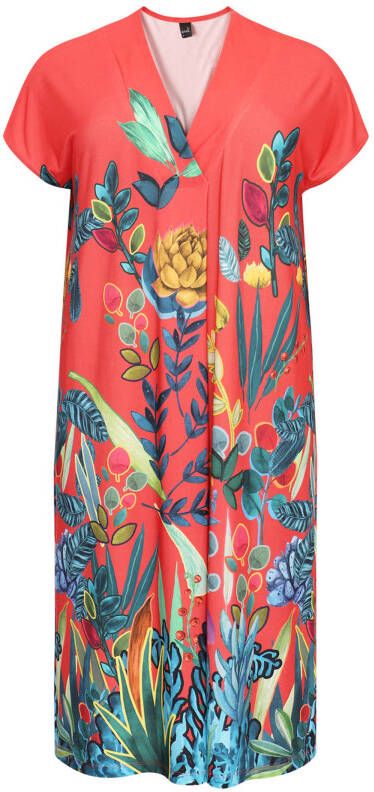Yoek gebloemde jurk GISELLE koraalrood/blauw/groen