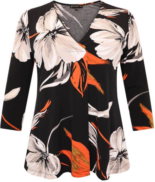 Yoek gebloemde top CAMELLIA zwart/oranje/ecru
