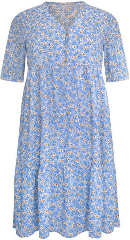 Yoek gebloemde trapeze jurk DAISY lichtblauw/wit/geel