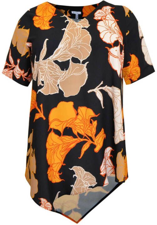Yoek PORTRAITS gebloemde semi transparante top zwart/oranje/lichtbruin