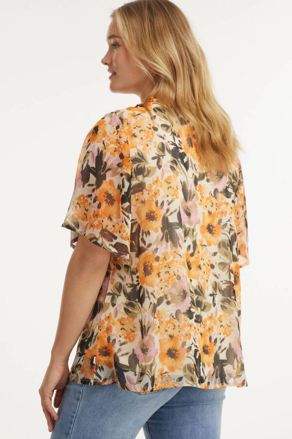 Zhenzi gebloemde semi transparante top FERN 814 oranje